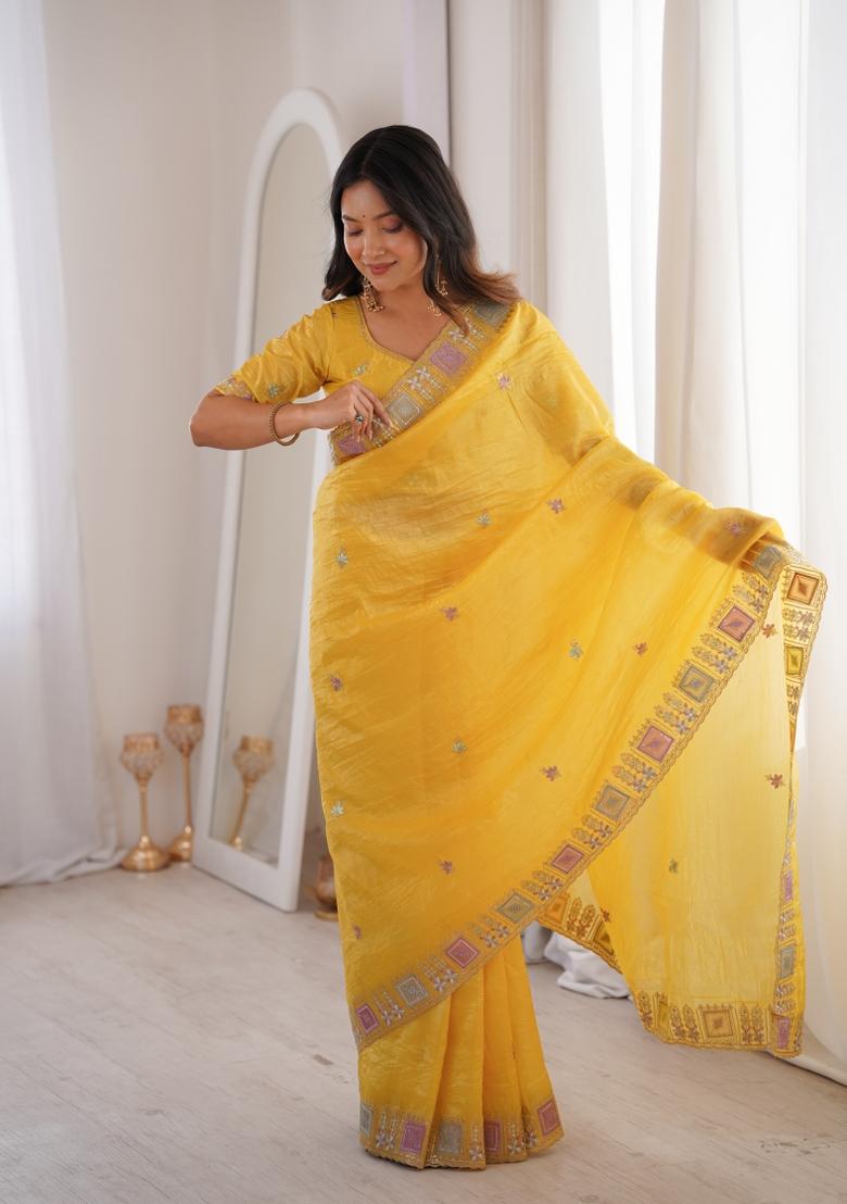 Yellow Zari Work Gold Crush Saree Set - Indya