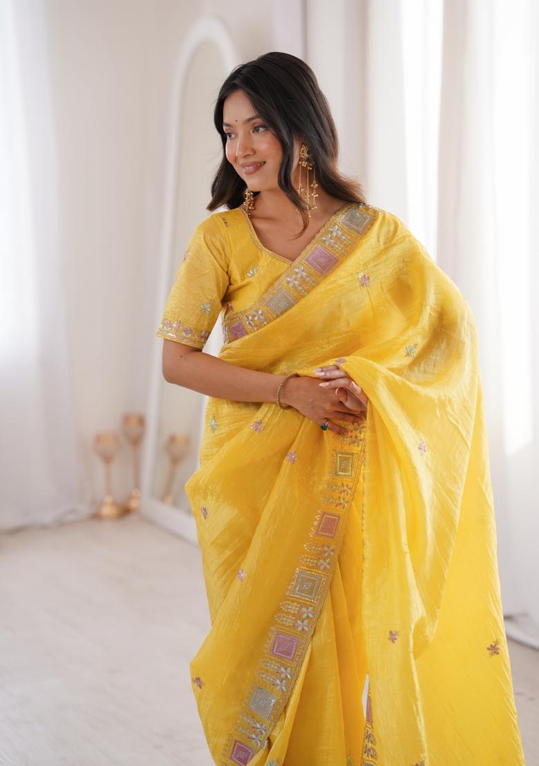 Yellow Zari Work Gold Crush Saree Set - Indya