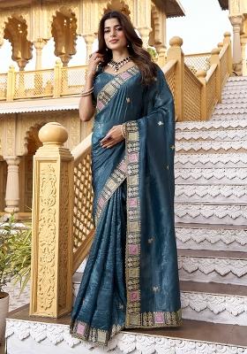 Blue Zari Work Gold Crush Saree Set