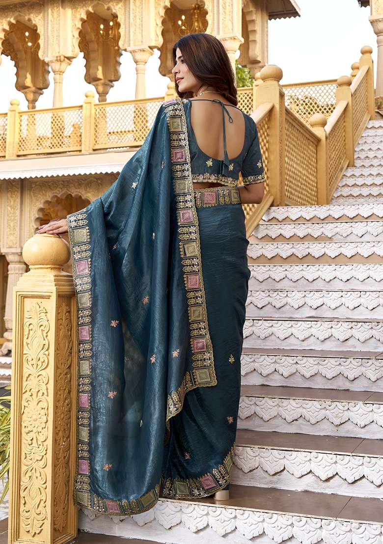 Blue Zari Work Gold Crush Saree Set for Diwali and Festive Wear - Indya
