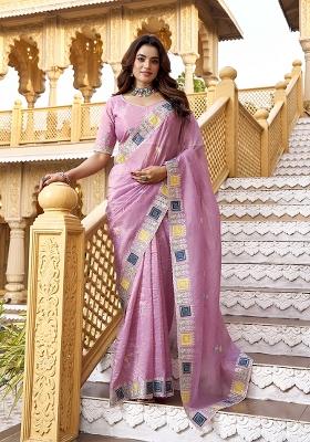 Pink Zari Work Gold Crush Saree Set