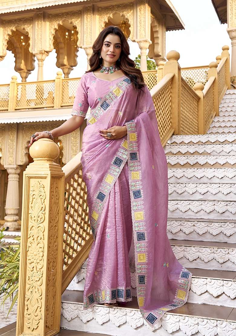 Pink Gold Crush Saree Set with Zari Work for Diwali | Wedding & Festive Wear - Indya