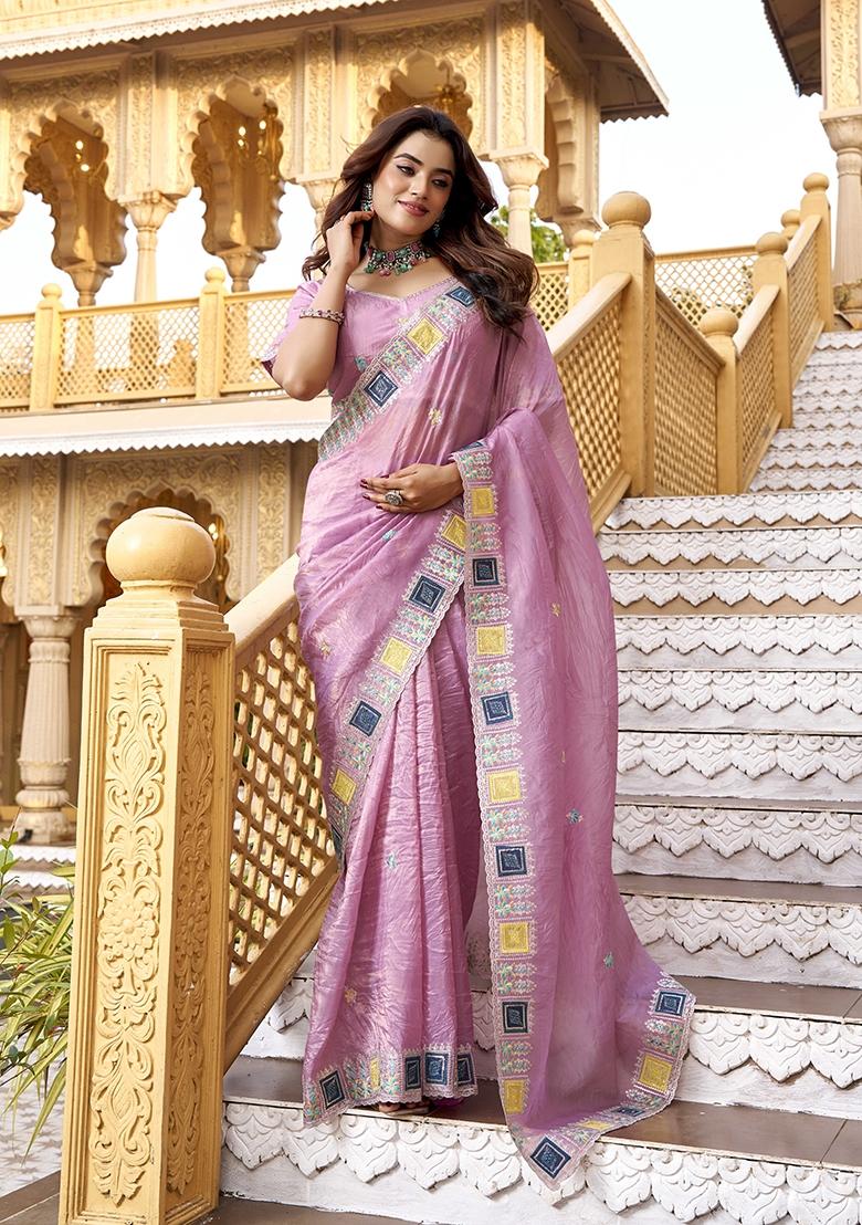 Pink Zari Work Gold Crush Saree Set - Indya