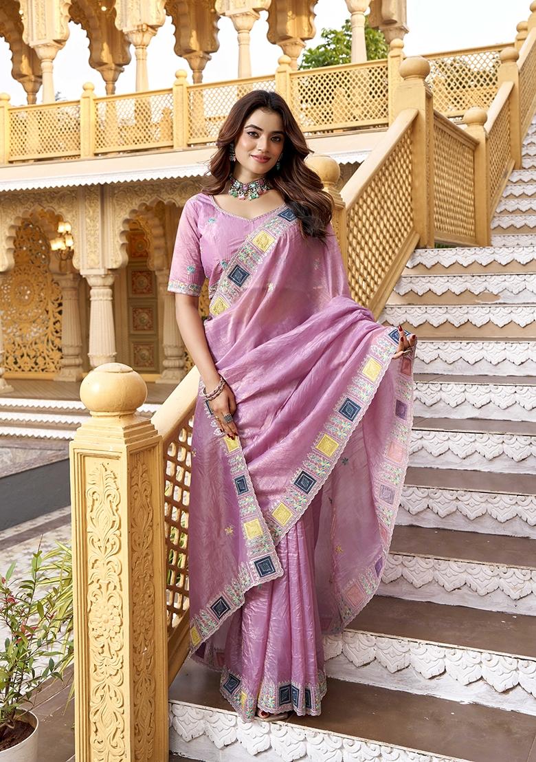 Pink Zari Work Gold Crush Saree Set - Indya