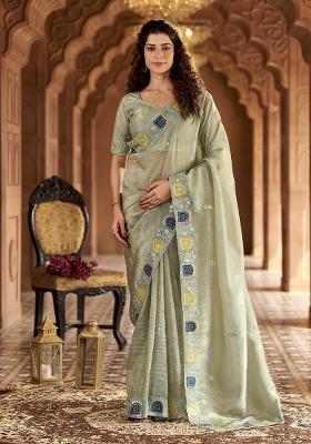 Pista Zari Work Gold Crush Saree Set
