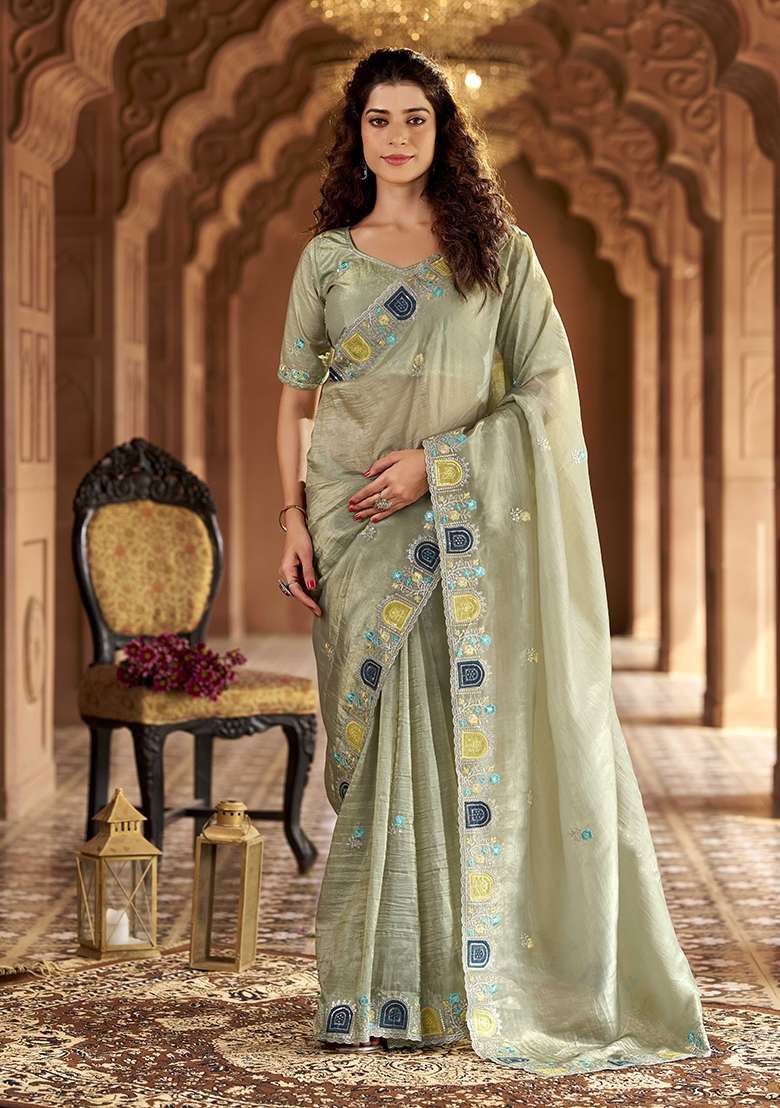 Pista Gold Crush Saree Set with Zari Work for Diwali | Wedding & Festive Wear - Indya