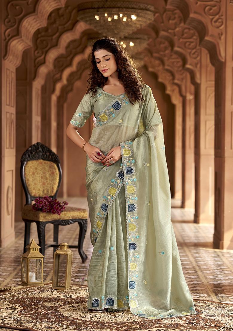 Pista Zari Work Gold Crush Saree Set - Indya