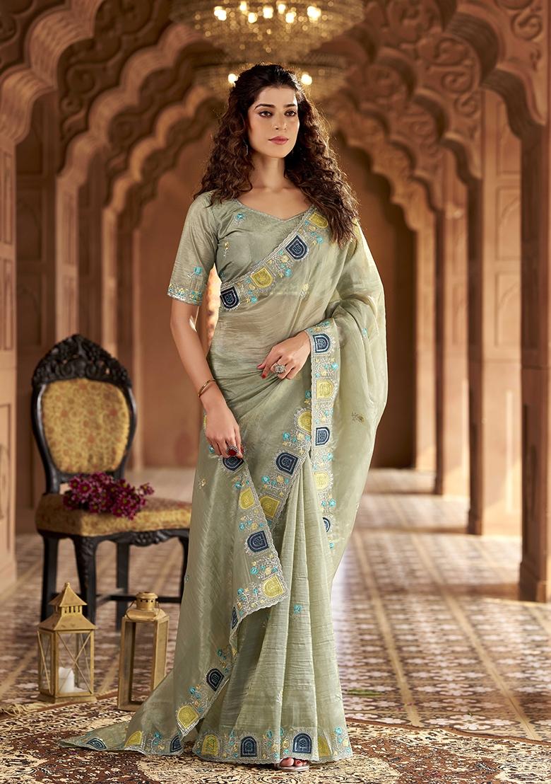 Pista Zari Work Gold Crush Saree Set - Indya