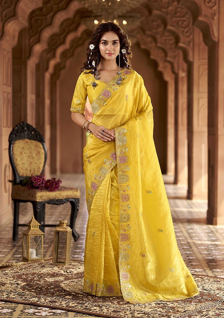 Yellow Zari Work Gold Crush Saree Set - Indya