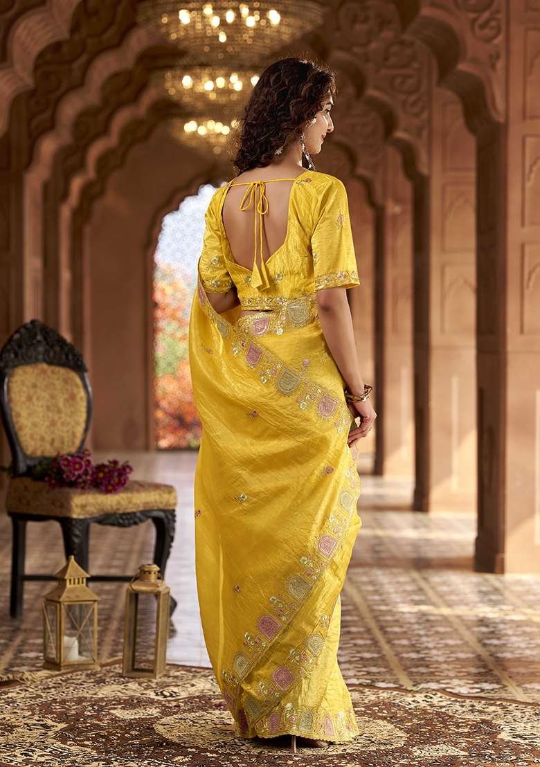 Yellow Gold Crush Saree Set with Zari Work for Diwali | Wedding & Festive Wear - Indya
