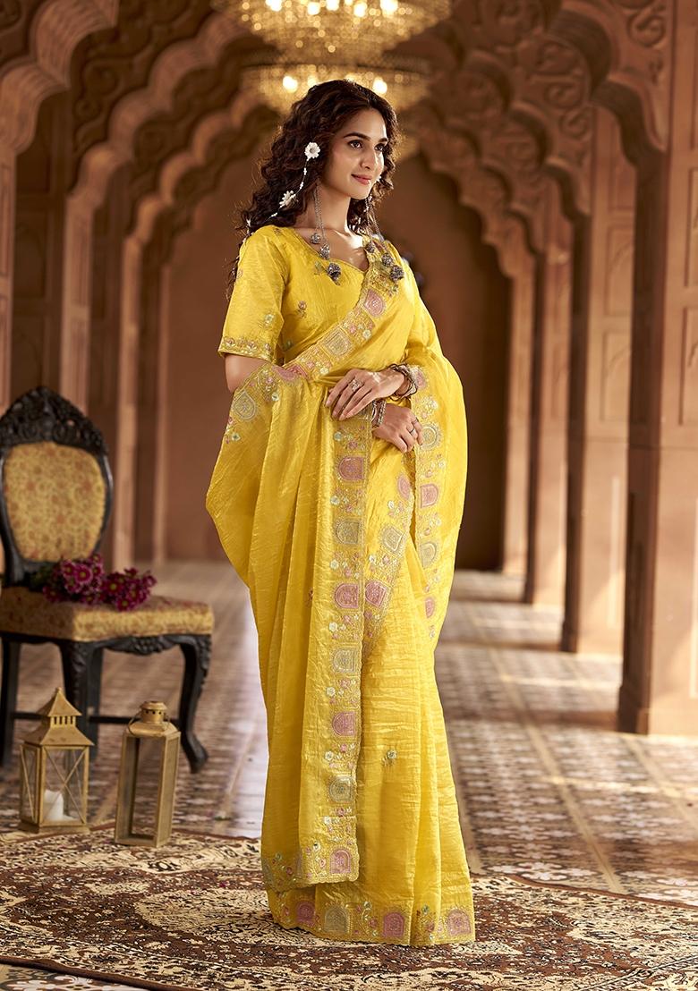 Yellow Zari Work Gold Crush Saree Set - Indya