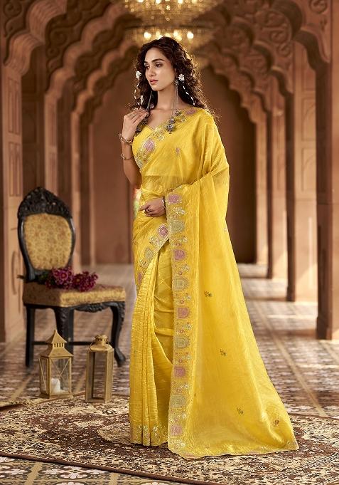 Yellow Zari Work Gold Crush Saree Set