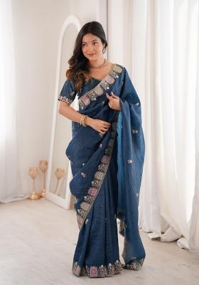 Blue Zari Work Gold Crush Saree Set