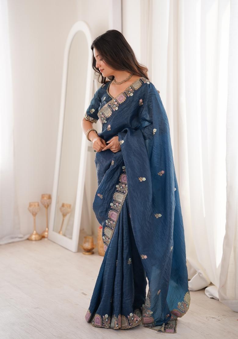 Blue Zari Work Gold Crush Saree Set - Indya