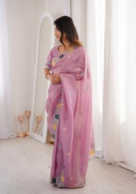 Pink Zari Work Gold Crush Saree Set