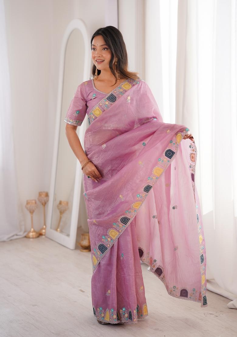 Pink Zari Work Gold Crush Saree Set - Indya