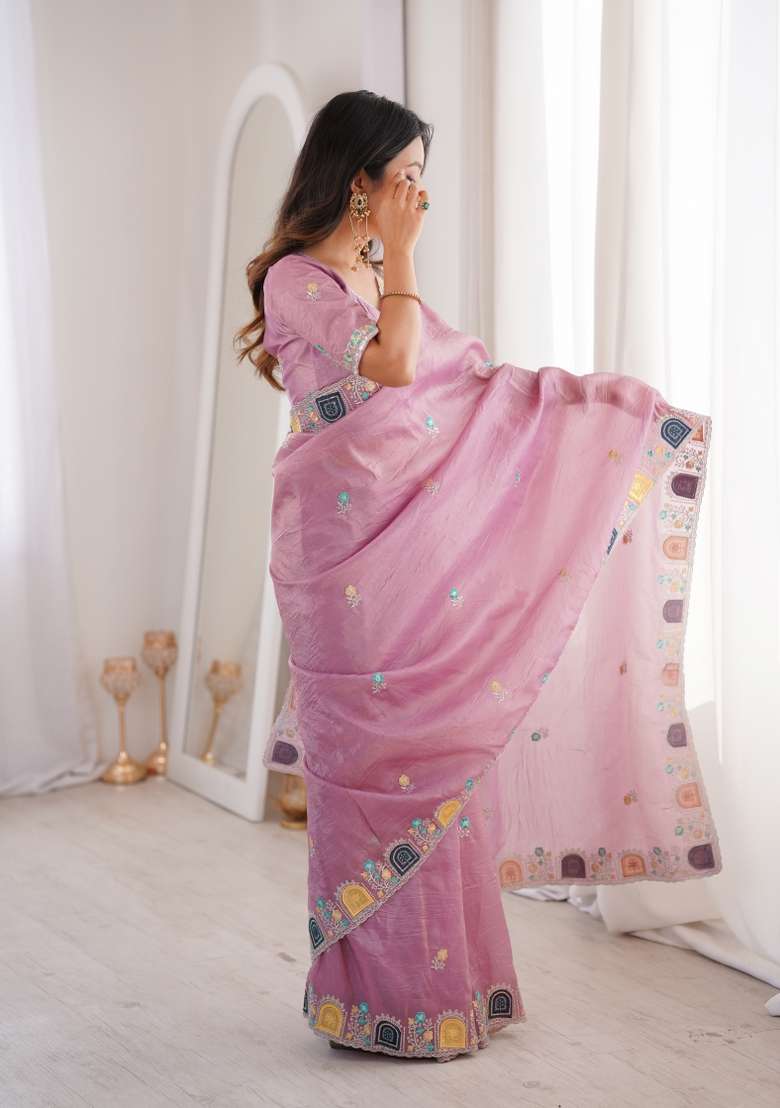 Pink Gold Crush Saree Set with Zari Work for Diwali | Wedding & Festive Wear - Indya