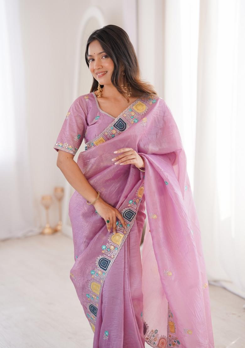 Pink Zari Work Gold Crush Saree Set - Indya