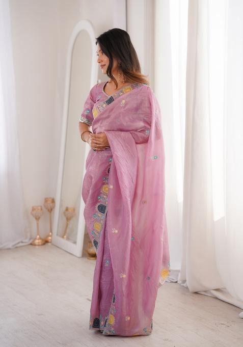 Pink Zari Work Gold Crush Saree Set