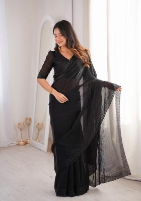 Black Zari Work Silk Blend Saree Set