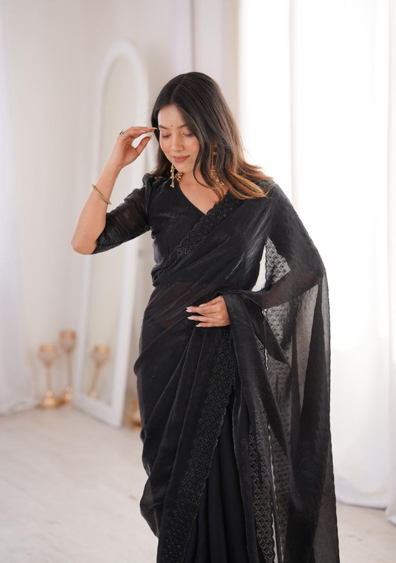 Black Zari Work Silk Blend Saree Set - Indya