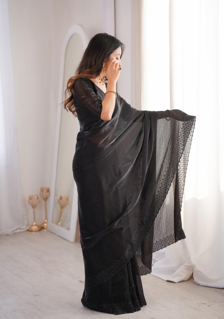 Black Zari Work Silk Blend Saree Set - Indya