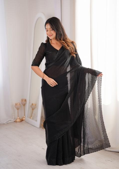 Black Zari Work Silk Blend Saree Set