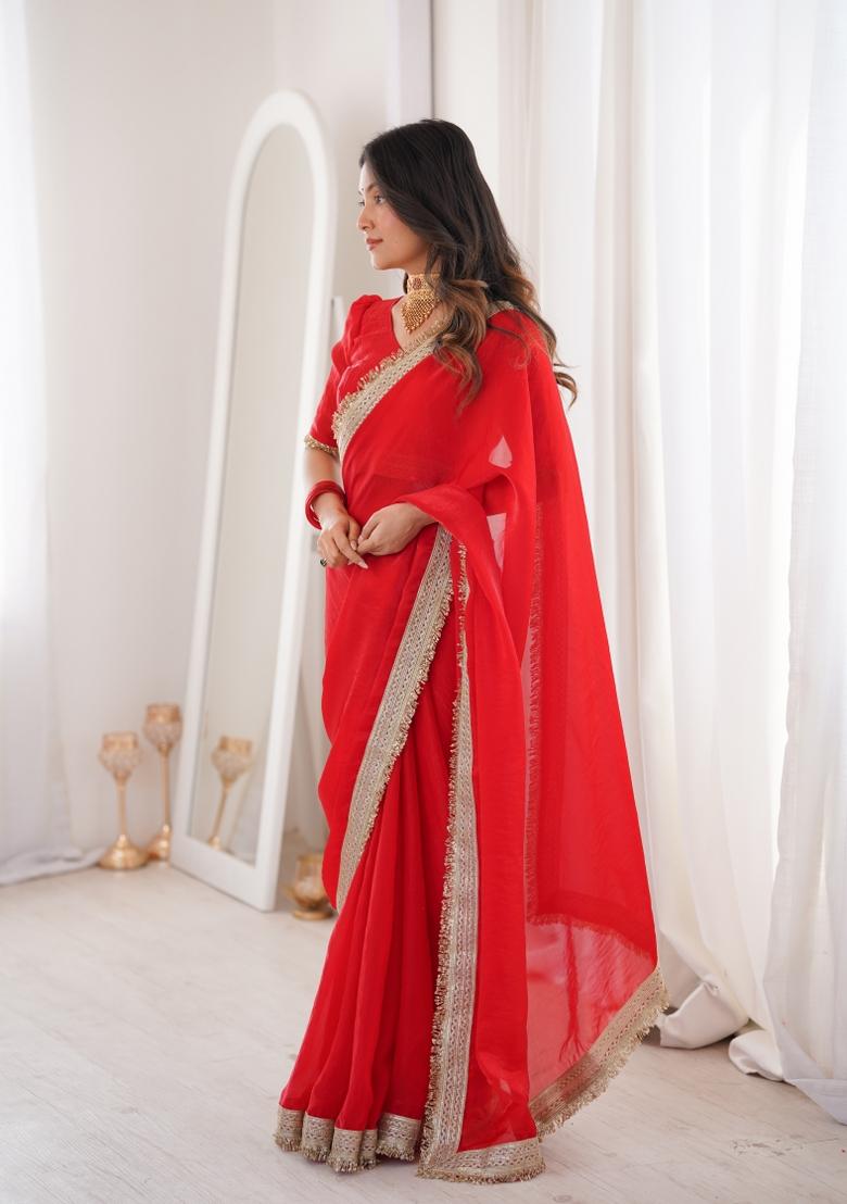 Red Zari Work Silk Blend Saree Set - Indya