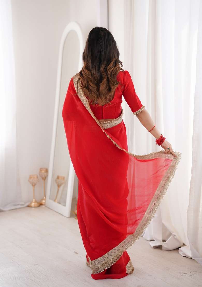 Red Silk Blend Saree Set with Zari Work for Diwali | Wedding & Festive Wear - Indya