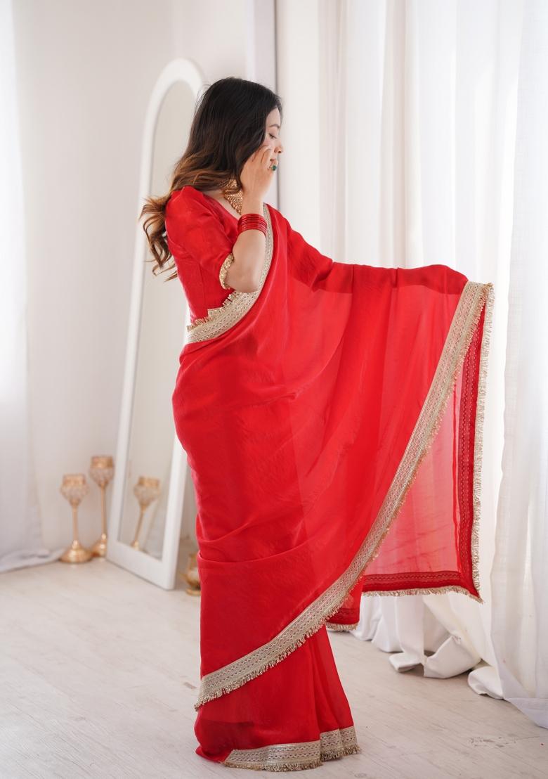Red Zari Work Silk Blend Saree Set - Indya