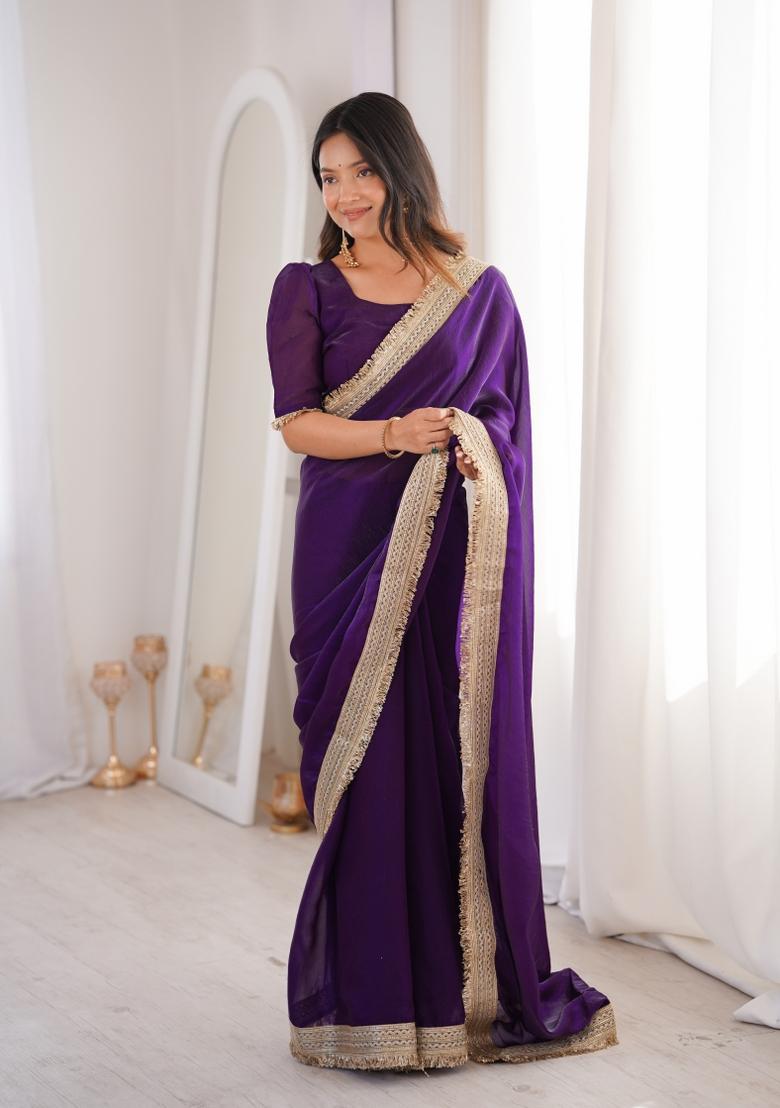 Purple Zari Work Silk Blend Saree Set - Indya