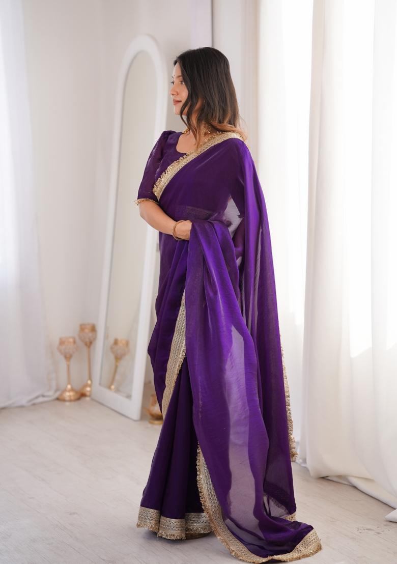 Purple Zari Work Silk Blend Saree Set - Indya