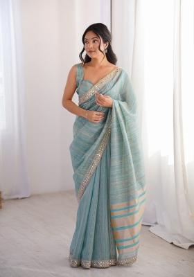 Blue Zari Work Cotton Saree Set
