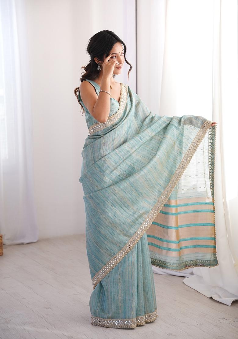 Blue Zari Work Cotton Saree Set - Indya