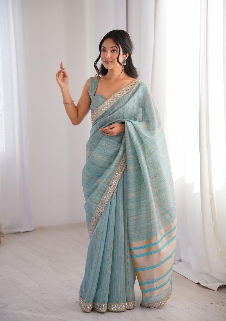 Blue Zari Work Cotton Saree Set - Indya