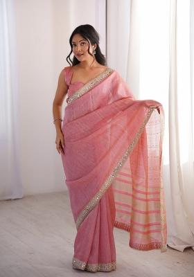 Pink Zari Work Cotton Saree Set