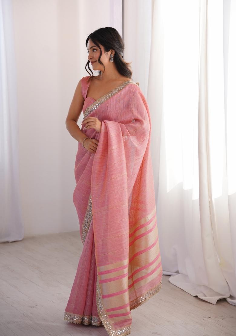 Pink Zari Work Cotton Saree Set - Indya