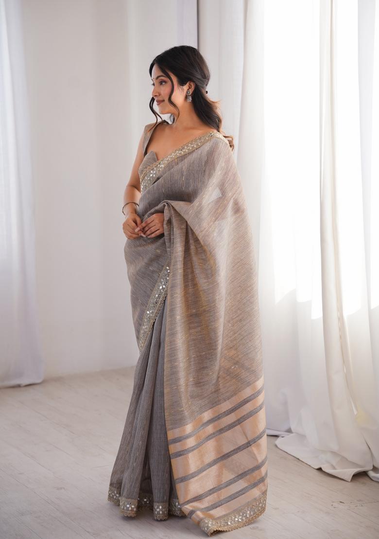 Grey Zari Work Cotton Saree Set - Indya