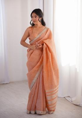 Peach Zari Work Cotton Saree Set