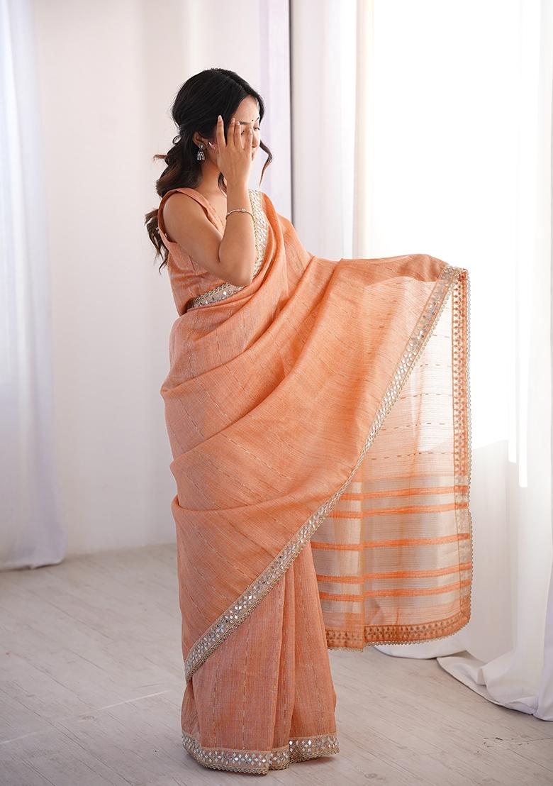 Peach Zari Work Cotton Saree Set - Indya