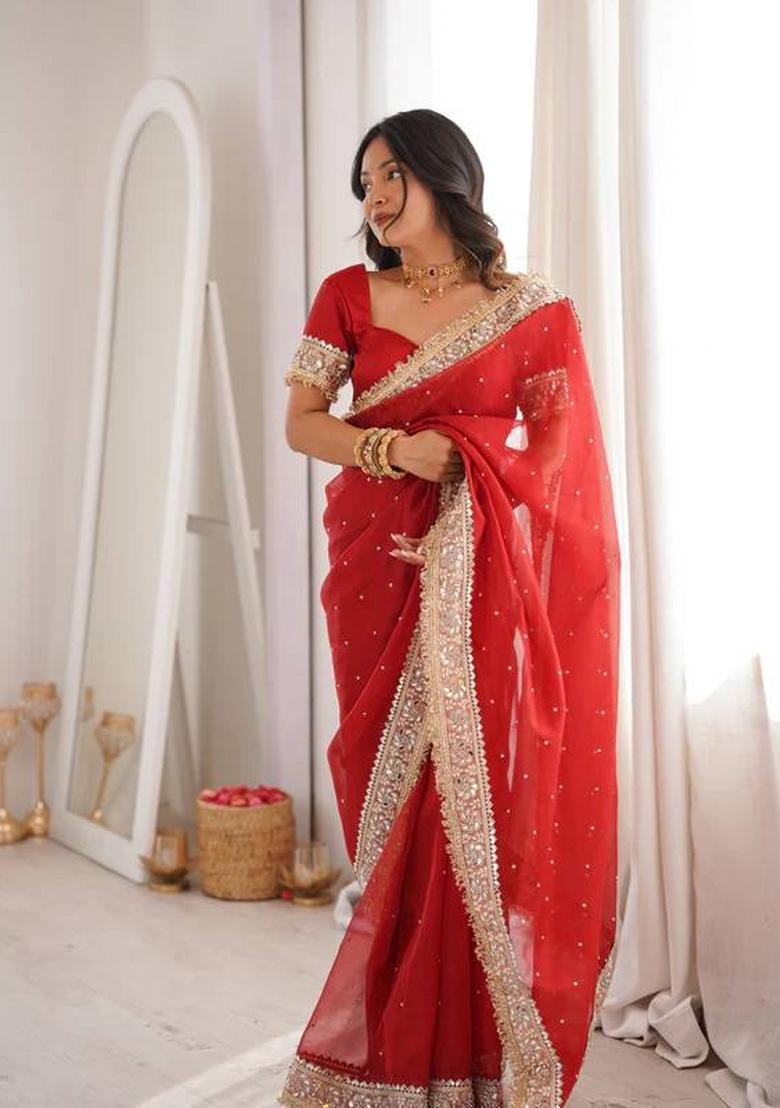 Red Zari Work Satin Saree Set - Indya
