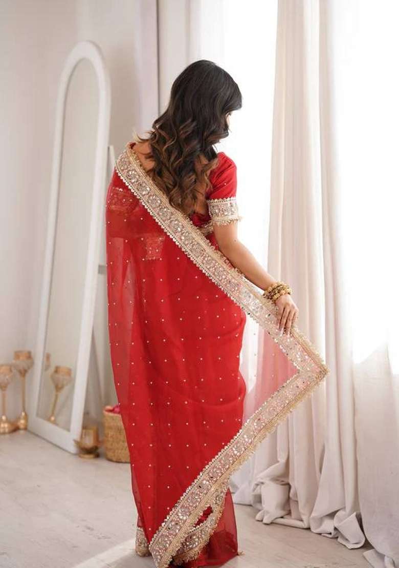 Red Satin Saree Set with Zari Work for Diwali | Wedding & Festive Wear - Indya