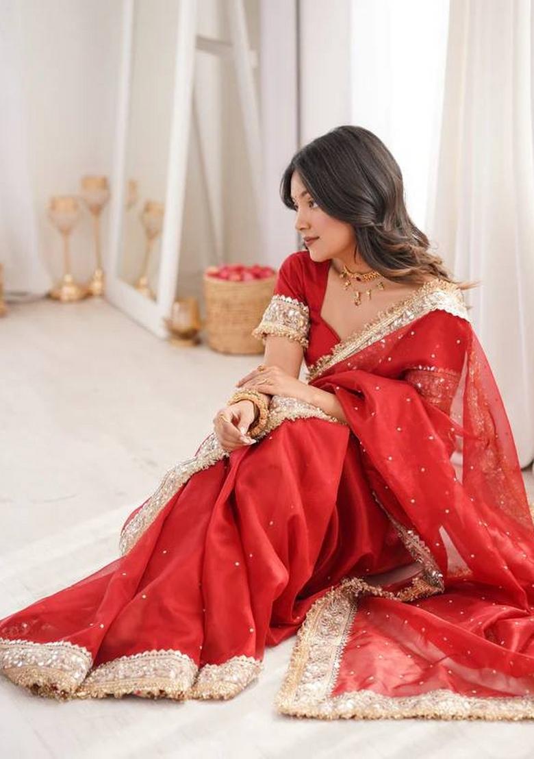 Red Zari Work Satin Saree Set - Indya