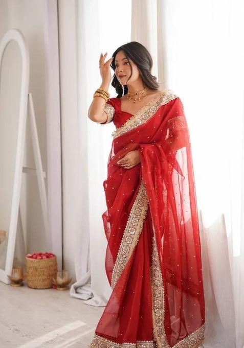 Red Zari Work Satin Saree Set