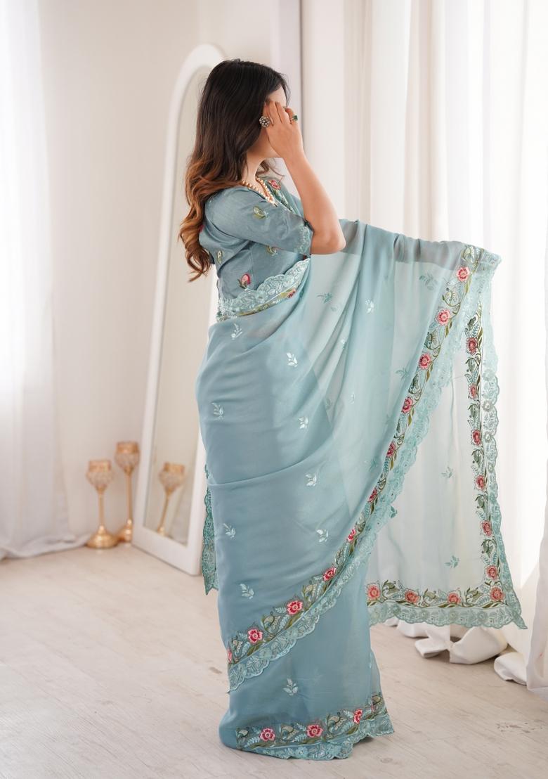 Blue Zari Work Silk Blend Saree Set - Indya