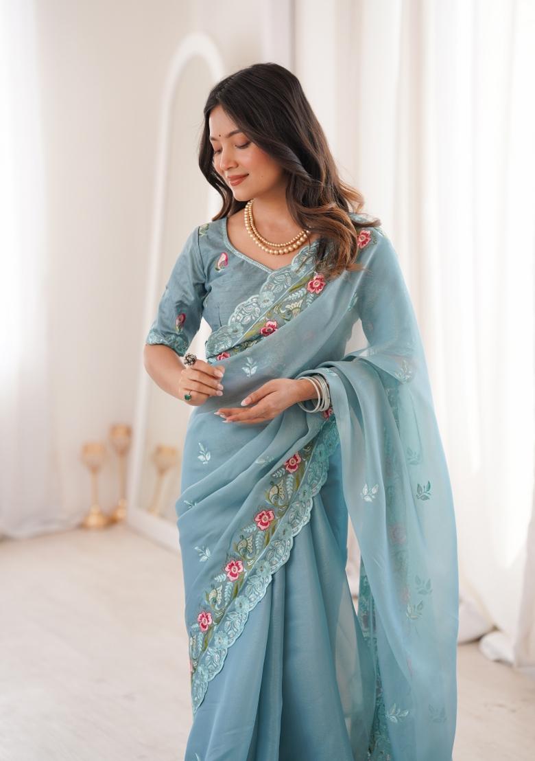 Blue Zari Work Silk Blend Saree Set - Indya