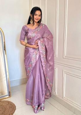 Pink Zari Work Silk Blend Saree Set