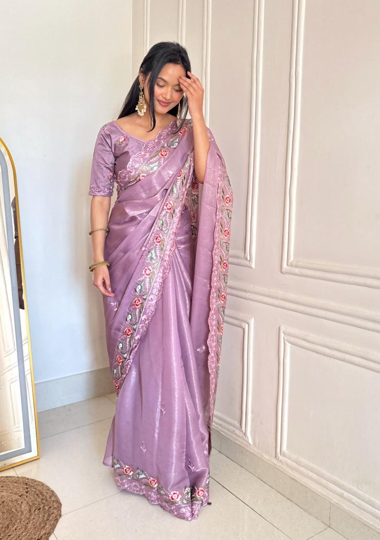 Pink Zari Work Silk Blend Saree Set - Indya