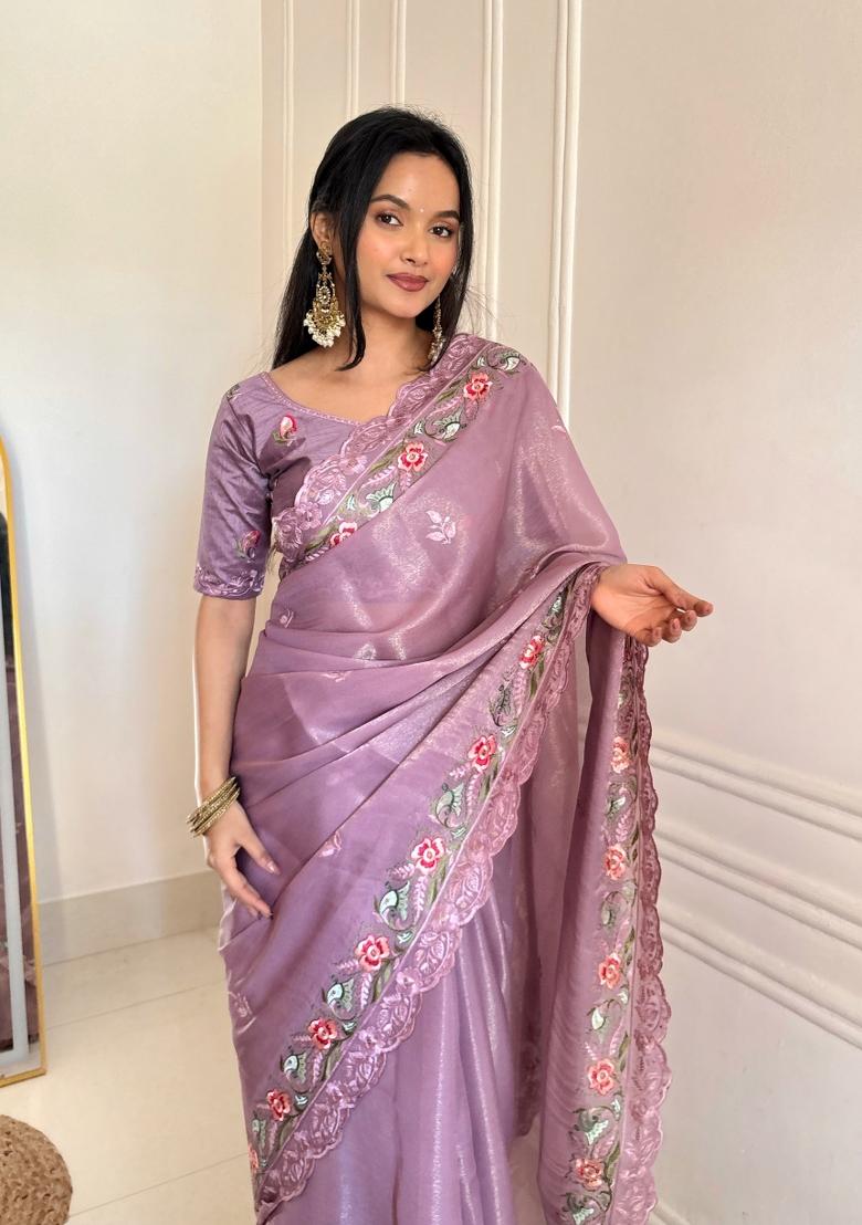 Pink Zari Work Silk Blend Saree Set - Indya