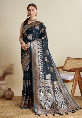 Black Zari Work Silk Blend Saree Set